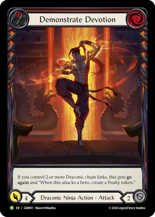 Demonstrate Devotion (Red) — GEM Pack 1 Flesh and Blood card by Maerel Hibadita