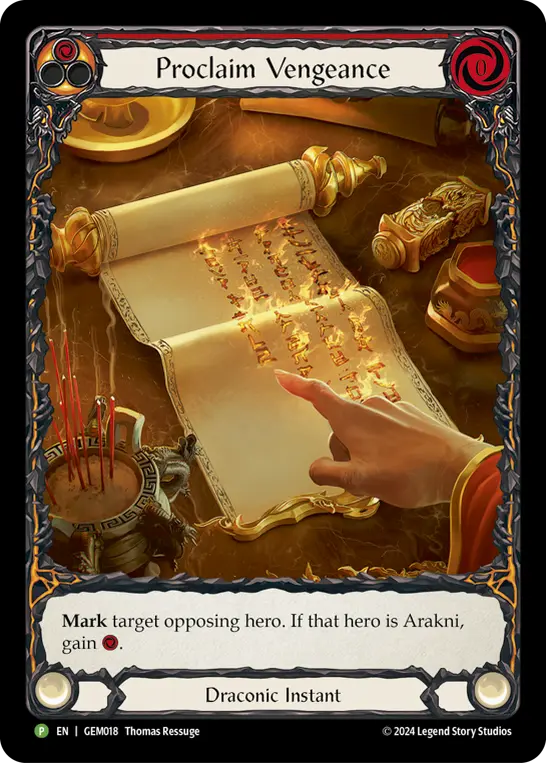 Proclaim Vengeance - GEM018 — GEM Pack 1 Flesh and Blood card by Thomas Reswege