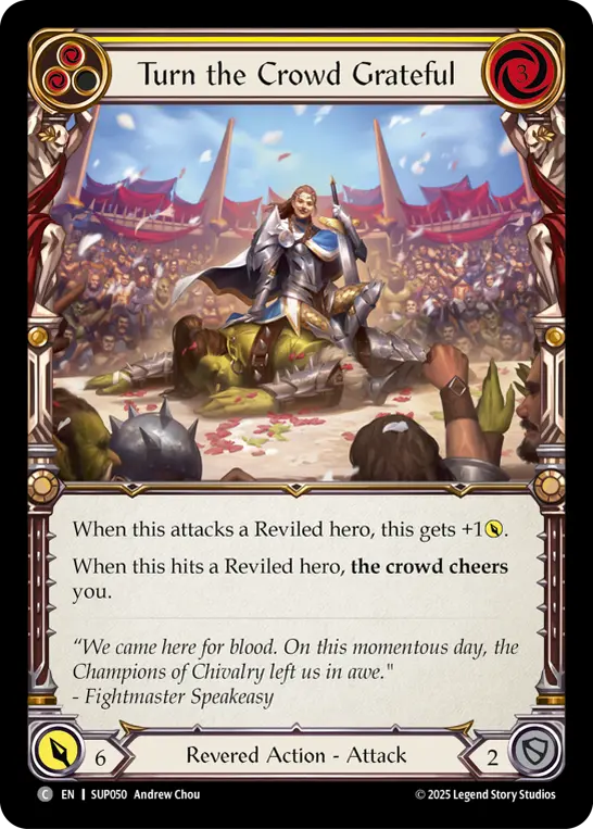 Turn the Crowd Grateful (Yellow) — Super Slam Flesh and Blood card by Andrew Chou