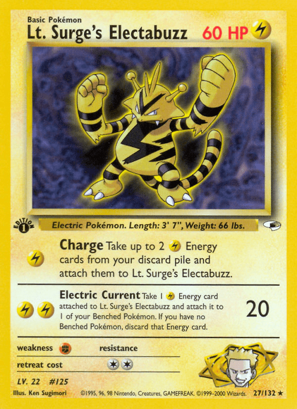 Lt. Surge's Electabuzz (27) — Gym Heroes Pokémon TCG card by Ken Sugimori