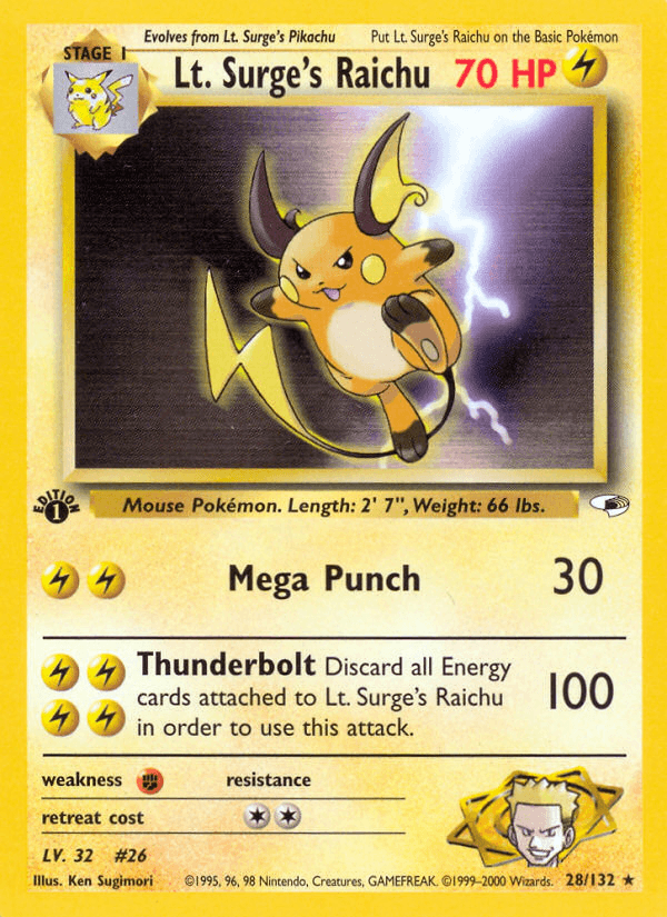 Lt. Surge's Raichu — Gym Heroes Pokémon TCG card by Ken Sugimori
