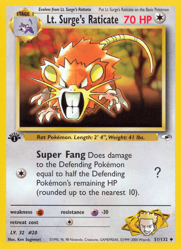 Lt. Surge's Raticate — Gym Heroes Pokémon TCG card by Ken Sugimori