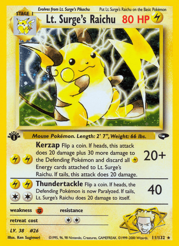 Lt. Surge's Raichu — Gym Challenge Pokémon TCG card by Ken Sugimori