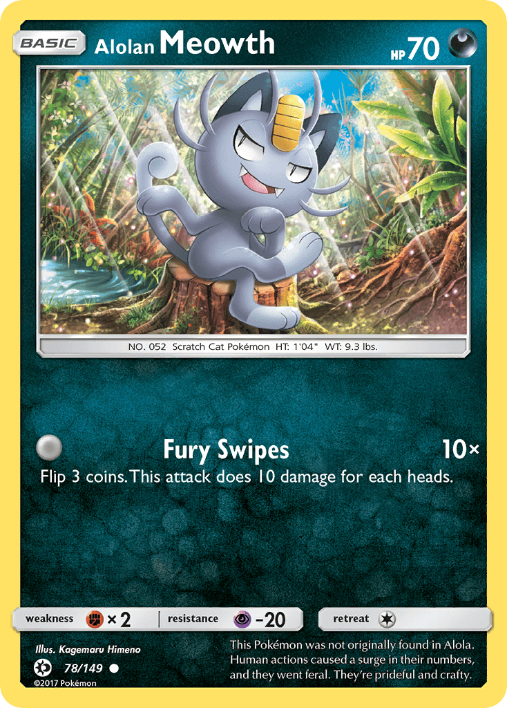 Alolan Meowth — SM Base Set Pokémon TCG card by Kagemaru Himeno