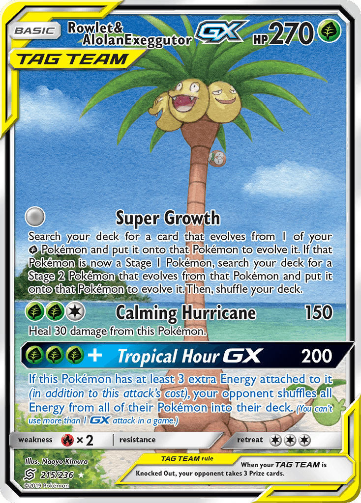 Rowlet & Alolan Exeggutor-GX — SM - Unified Minds Pokémon TCG card by Naoyo Kimura
