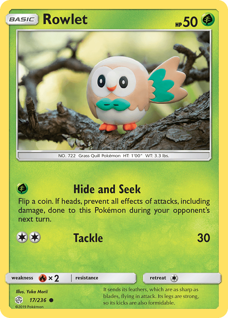 Rowlet - 17/236 — SM - Cosmic Eclipse Pokémon TCG card by Yuka Morii