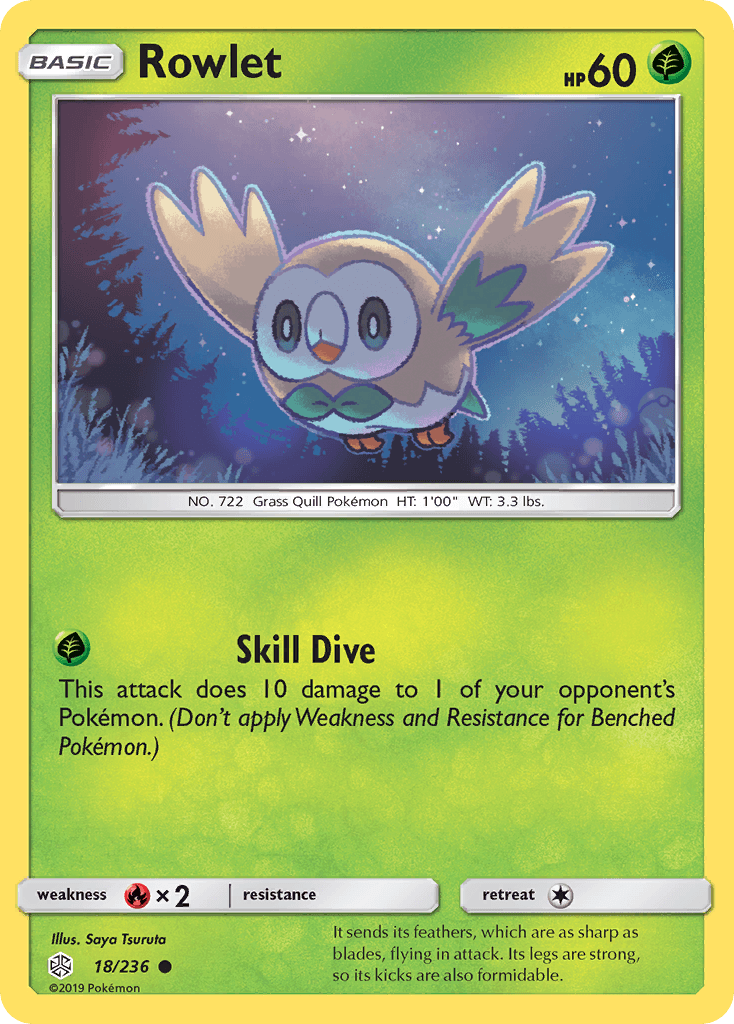 Rowlet - 18/236 — SM - Cosmic Eclipse Pokémon TCG card by Saya Tsuruta