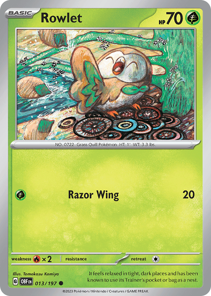 Rowlet — SV03: Obsidian Flames Pokémon TCG card by Tomokazu Komiya