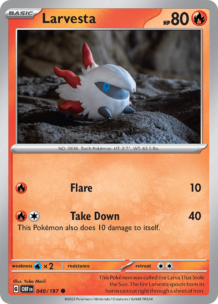 Larvesta — SV03: Obsidian Flames Pokémon TCG card by Yuka Morii