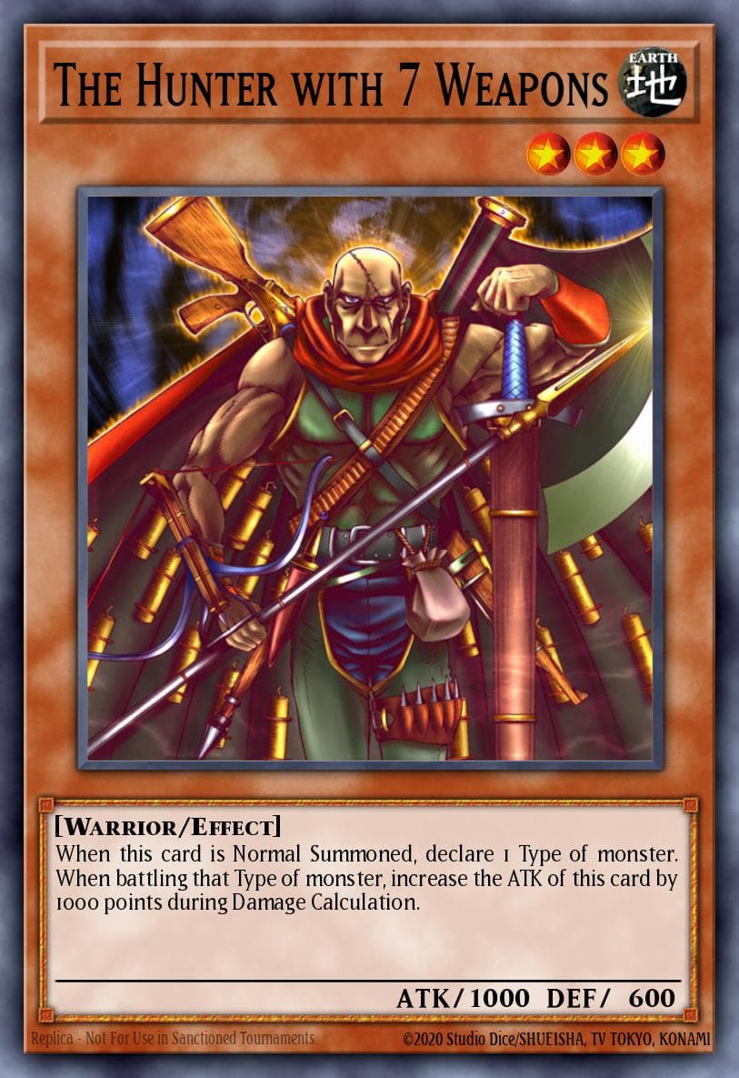 The Hunter with 7 Weapons — Legacy of Darkness Yu-Gi-Oh! card by KAZUKI TAKAHASHI