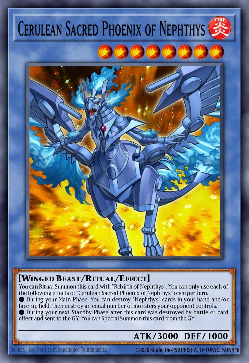 Cerulean Sacred Phoenix of Nephthys — Hidden Summoners Yu-Gi-Oh! card by KAZUKI TAKAHASHI