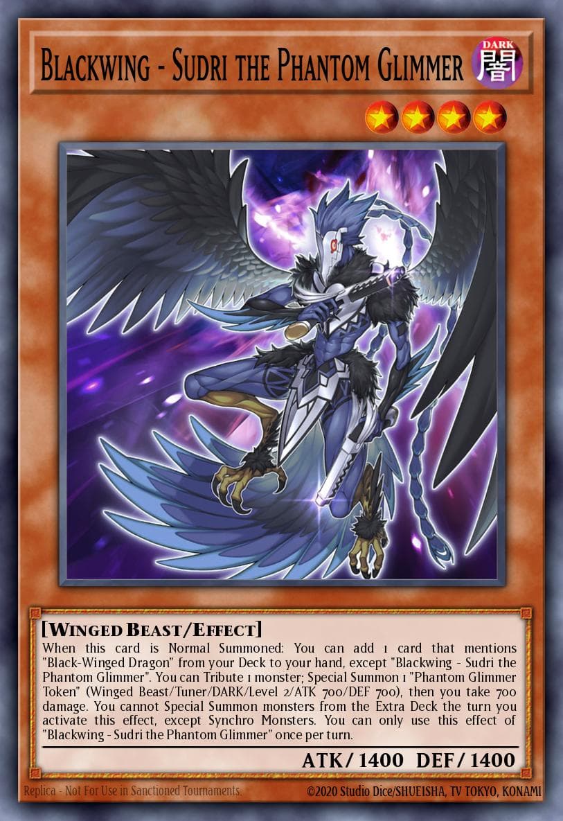 Blackwing - Sudri the Phantom Glimmer — Darkwing Blast Yu-Gi-Oh! card by Studio Dice/SHUEISHA, TV TOKYO, KONAMI