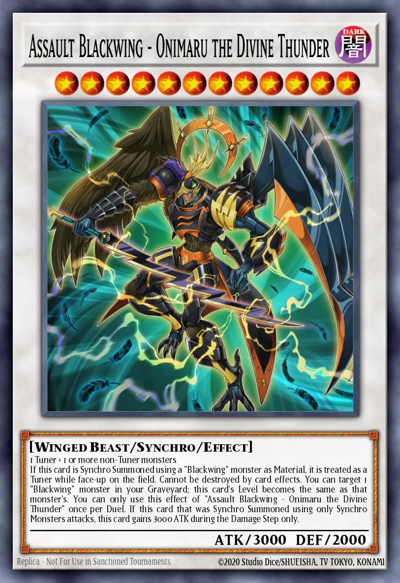 Assault Blackwing - Onimaru the Divine Thunder — The Dark Illusion Yu-Gi-Oh! card by KAZUKI TAKAHASHI