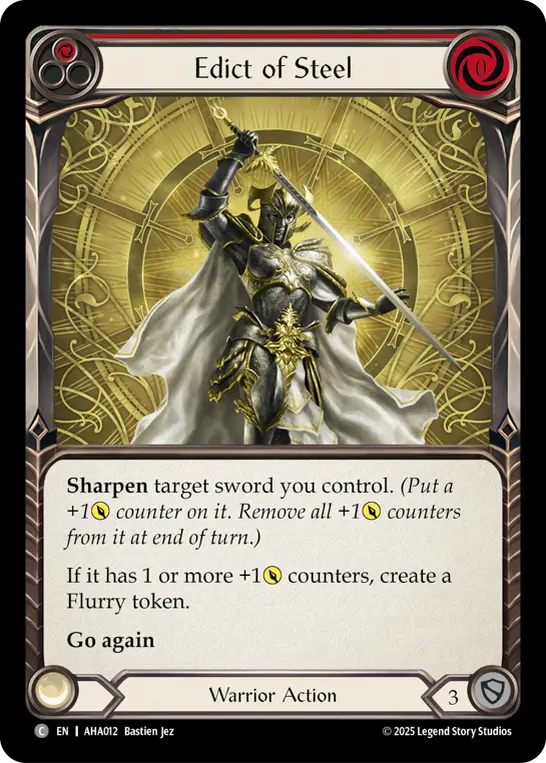 Edict of Steel (Red) — Armory Deck Origins: Hala Flesh and Blood card by Bastien Jez
