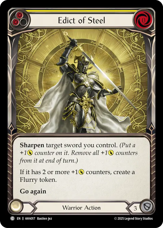 Edict Of Steel (Yellow) — Armory Deck Origins: Hala Flesh and Blood card by Bastien Jez