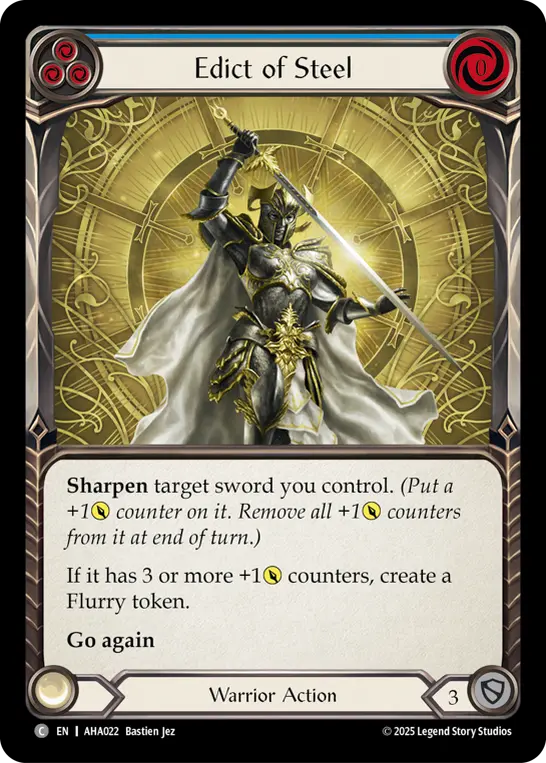 Edict Of Steel (Blue) — Armory Deck Origins: Hala Flesh and Blood card by Bastien Jez