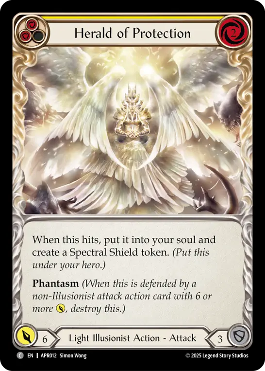 Herald of Protection (Yellow) — Armory Deck: Legends Prism Flesh and Blood card by Simon Wong