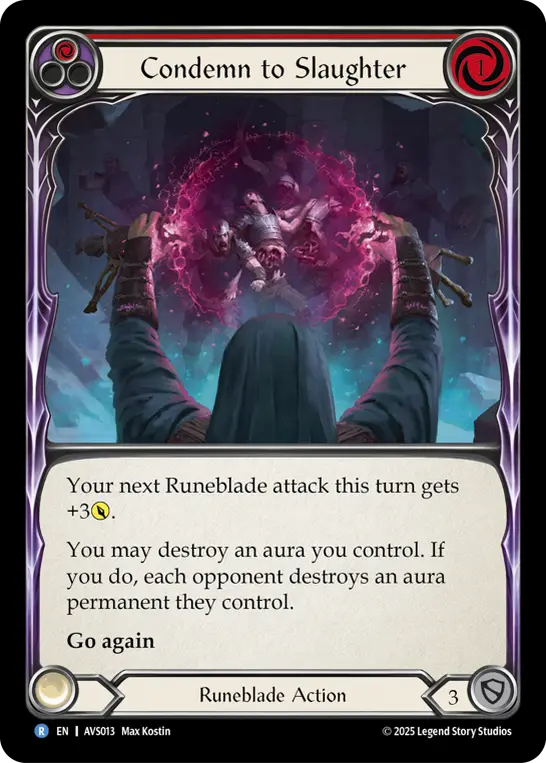 Condemn to Slaughter (Red) — Armory Deck: Legends Viserai Flesh and Blood card by Max Kostin