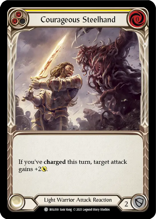 Courageous Steelhand (Yellow) — Blitz Deck: Monarch - Boltyn Flesh and Blood card by Sam Yang