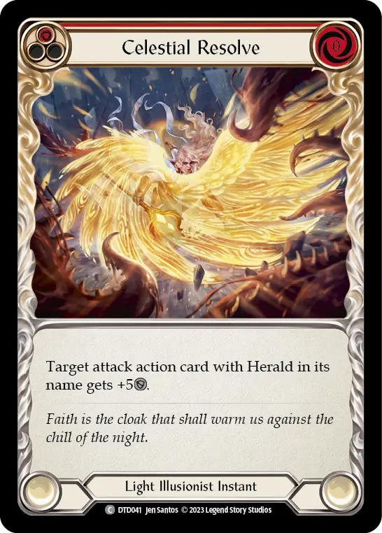 Celestial Resolve (Red) — Dusk till Dawn Flesh and Blood card by Jen Santos