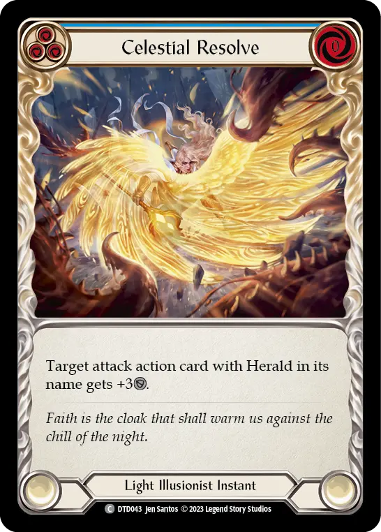 Celestial Resolve (Blue) — Dusk till Dawn Flesh and Blood card by Jen Santos