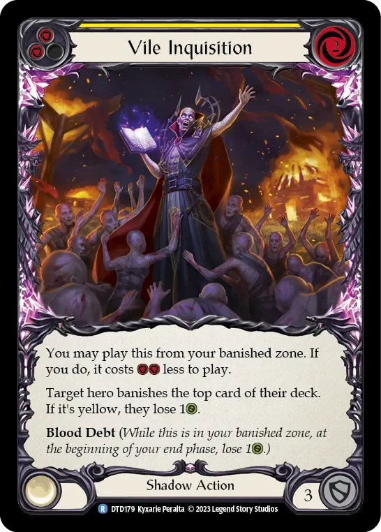 Vile Inquisition (Yellow) — Dusk till Dawn Flesh and Blood card by Kyxarie Peralta