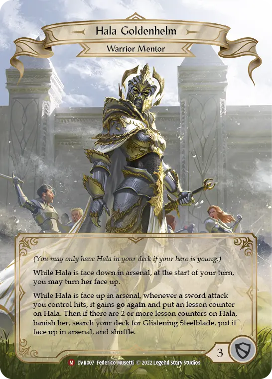 Hala Goldenhelm — Classic Battles: Rhinar vs Dorinthea Flesh and Blood card by Federico Musetti