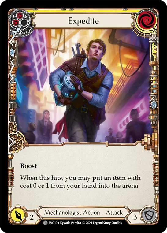Expedite (Yellow) — Bright Lights Flesh and Blood card by Kyxarie Peralta