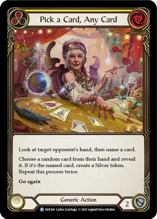 Pick a Card, Any Card (Yellow) — Everfest Flesh and Blood card by Carlos Cruchaga