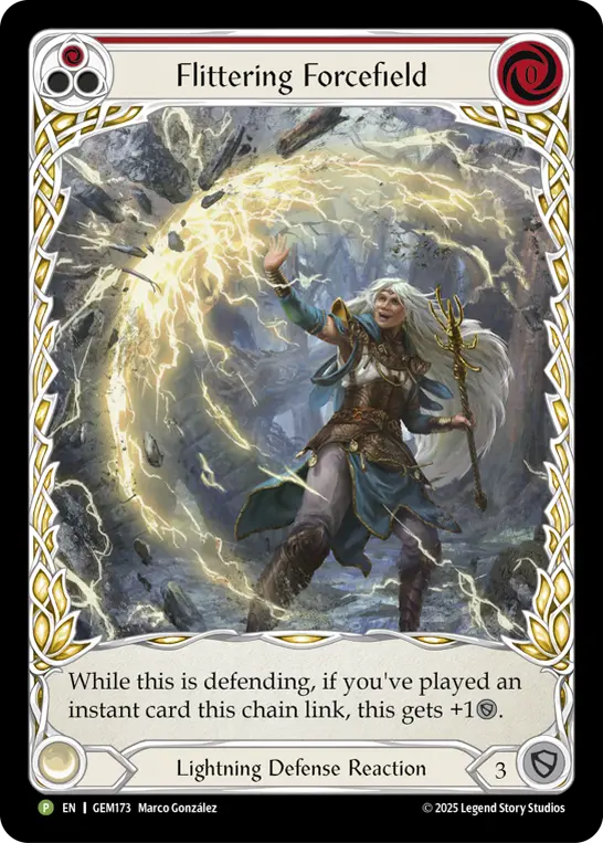 Flittering Forcefield (Red) — Gem Pack 5 Flesh and Blood card by Marco González