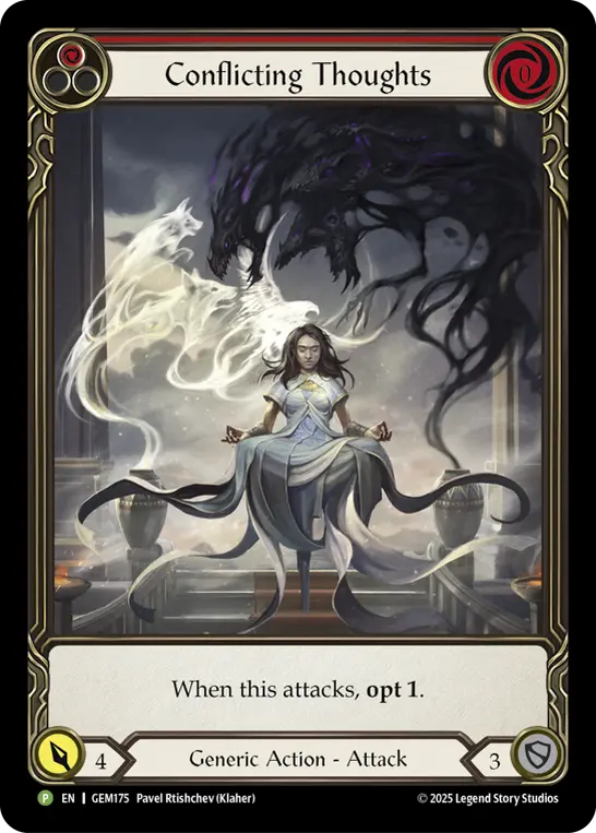 Conflicting Thoughts (Red) — Gem Pack 5 Flesh and Blood card by Pavel Rtishchev (Klaher)