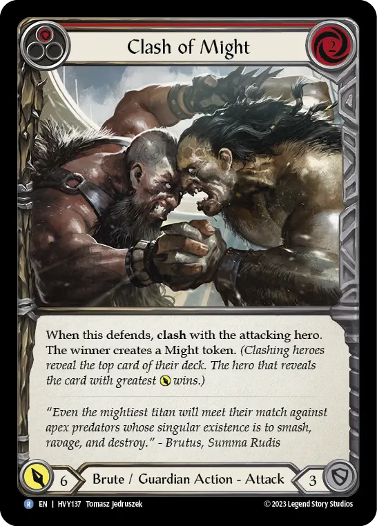 Clash of Might (Red) — Heavy Hitters Flesh and Blood card by Tomasz Jedruszek