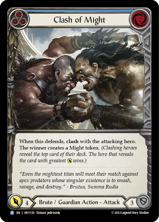 Clash of Might (Blue) — Heavy Hitters Flesh and Blood card by Tomasz Jedruszek