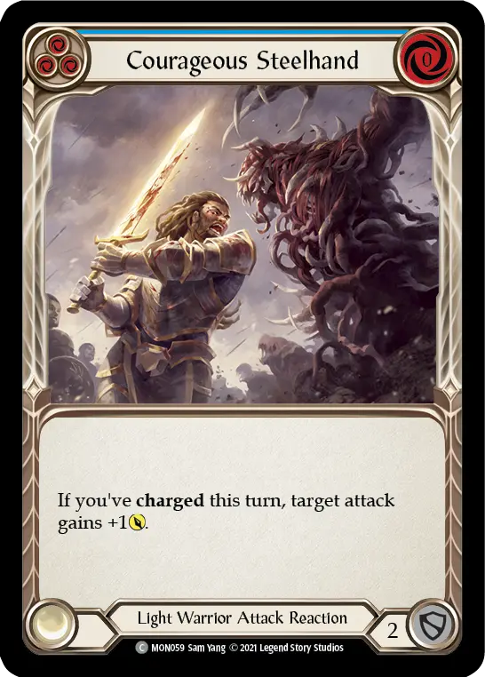 Courageous Steelhand (Blue) — Monarch Flesh and Blood card by Sam Yang