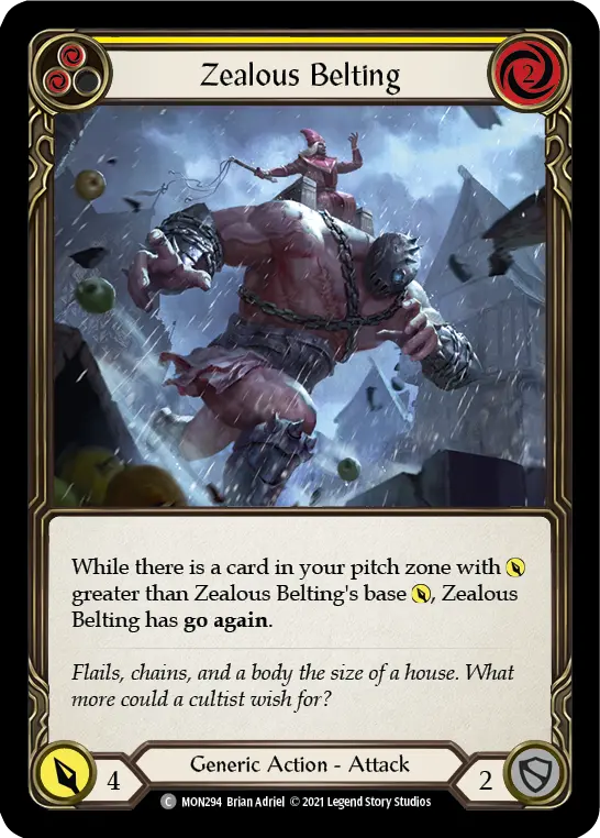 Zealous Belting (Yellow) — Monarch Flesh and Blood card by Brian Adriel