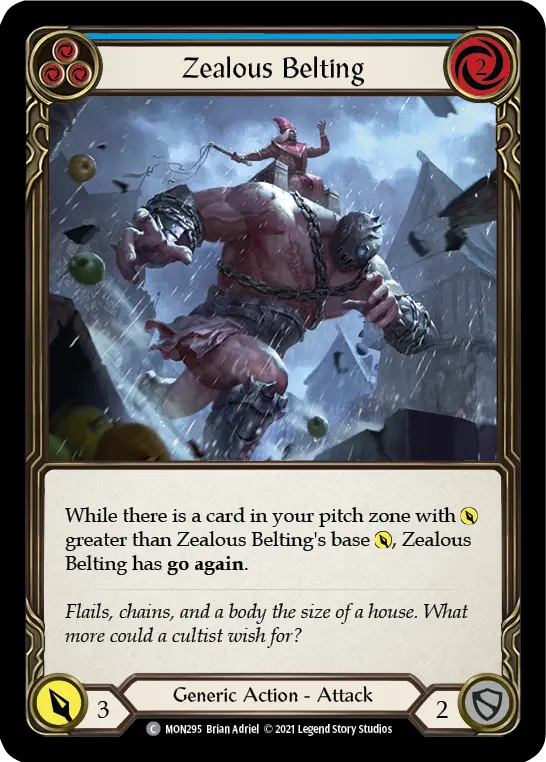 Zealous Belting (Blue) — Monarch Flesh and Blood card by Brian Adriel
