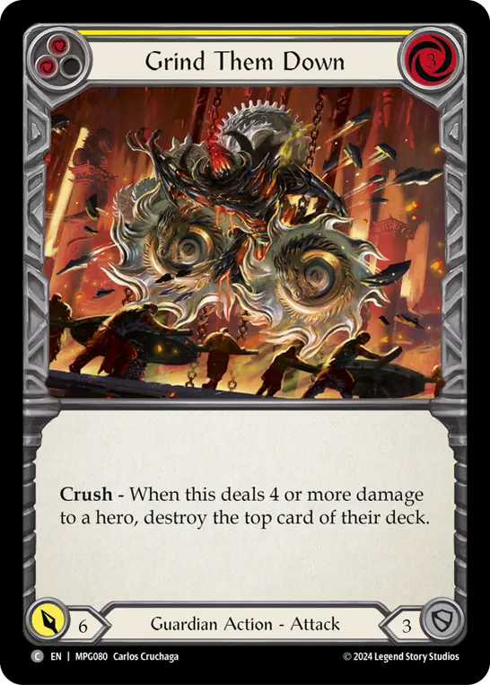 Grind Them Down (Yellow) — Mastery Pack Guardian Flesh and Blood card by Carlos Cruchaga