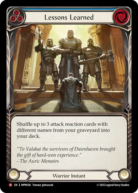 Lessons Learned (Blue) — Mastery Pack Warrior Flesh and Blood card by Tomasz Jedruszek