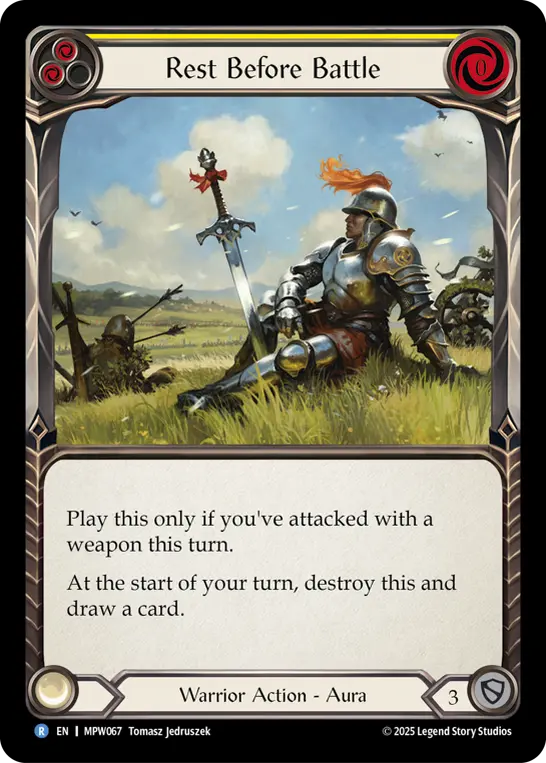 Rest Before Battle (Yellow) — Mastery Pack Warrior Flesh and Blood card by Tomasz Jedruszek