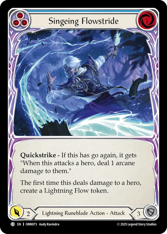 Singeing Flowstride (Blue) — Omens of the Third Age Flesh and Blood card by Audy Ravindra