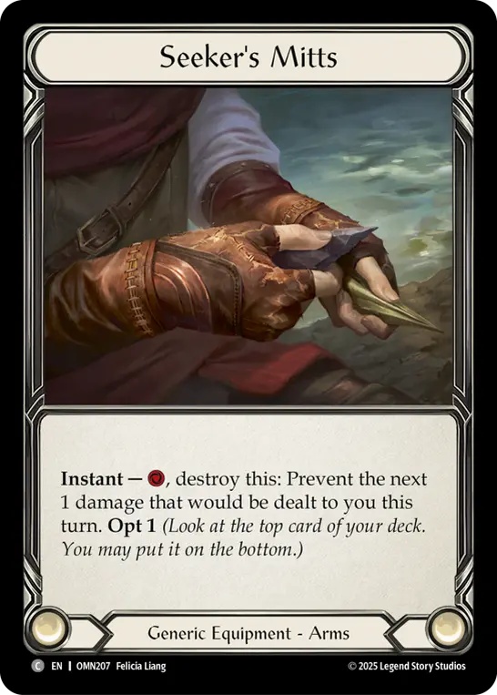Seeker's Mitts — Omens of the Third Age Flesh and Blood card by Felicia Liang