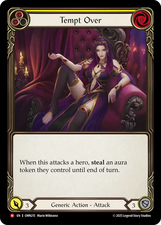 Tempt Over (Yellow) — Omens of the Third Age Flesh and Blood card by Mario Wibisono