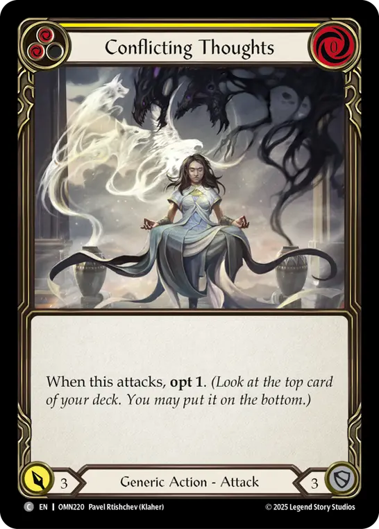 Conflicting Thoughts (Yellow) — Omens of the Third Age Flesh and Blood card by Pavel Rtishchev (Klaher)