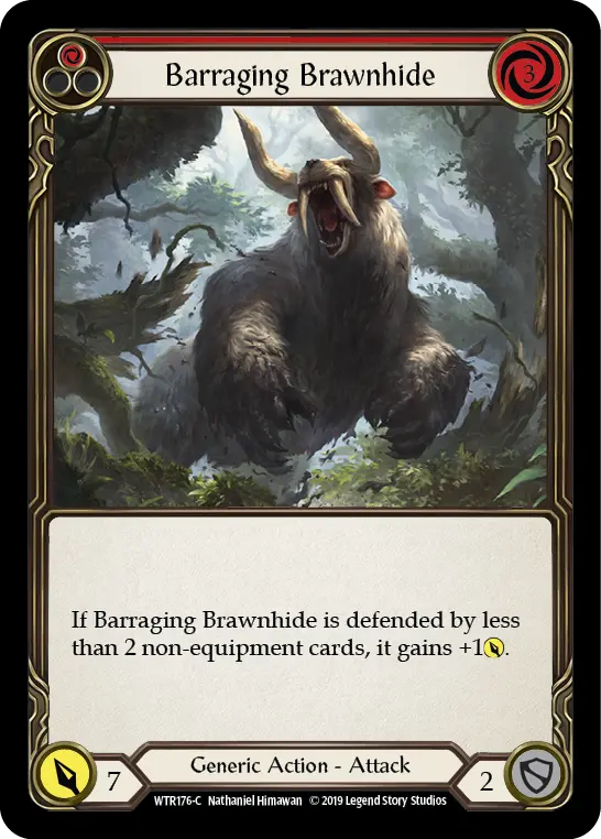 Barraging Brawnhide (Red) — Welcome to Rathe Flesh and Blood card by Nathaniel Himawan