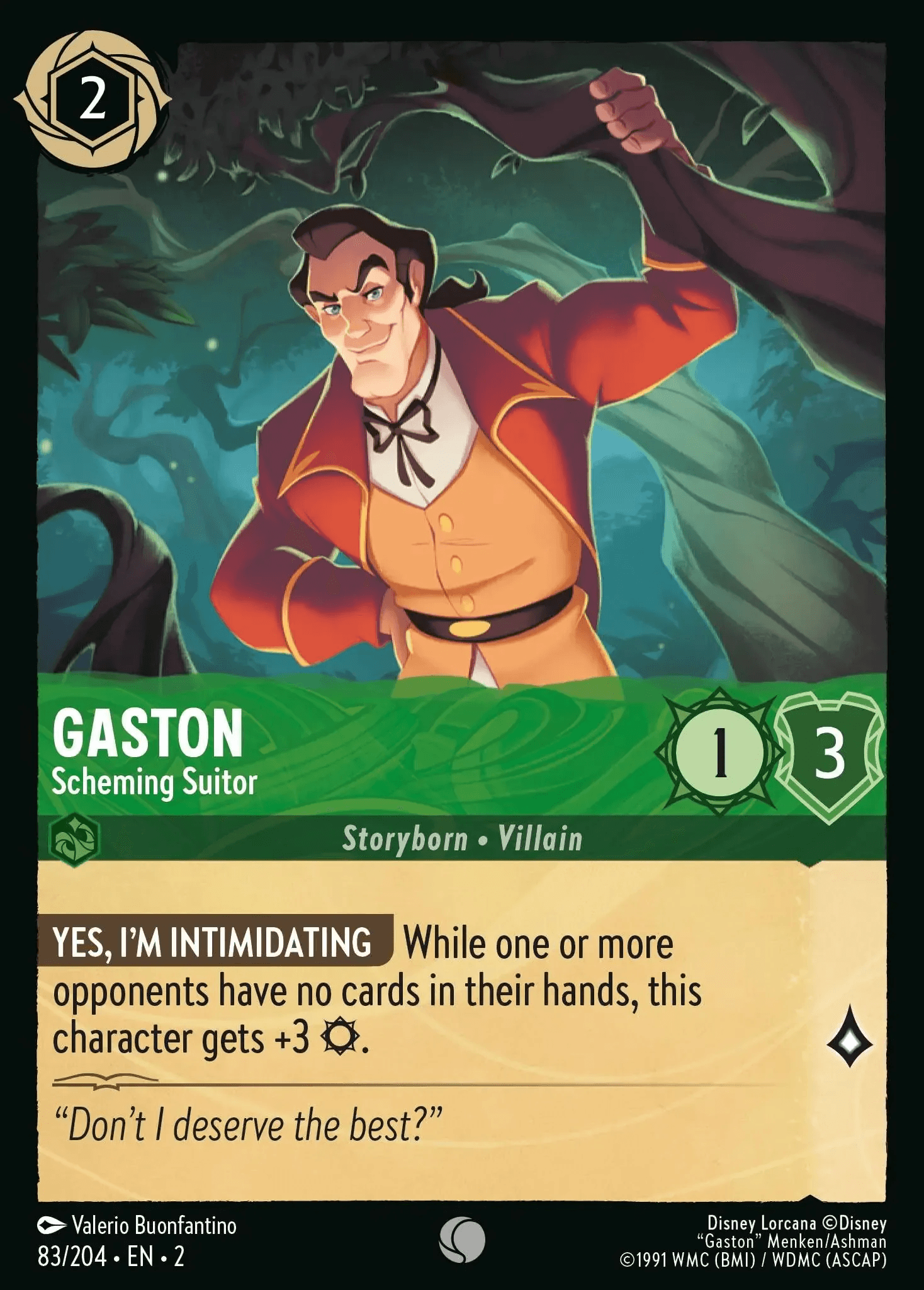 Gaston - Scheming Suitor — Rise of the Floodborn Disney Lorcana card by Valerio Buonfantino