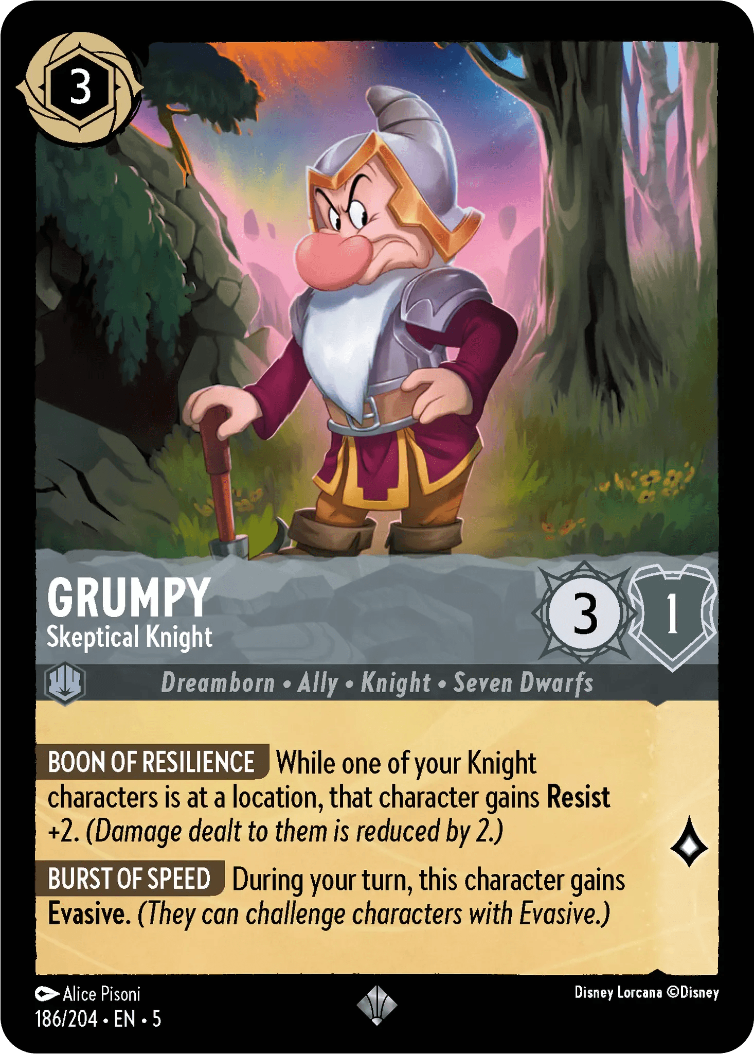 Grumpy - Skeptical Knight — Shimmering Skies Disney Lorcana card by Alice Pisoni