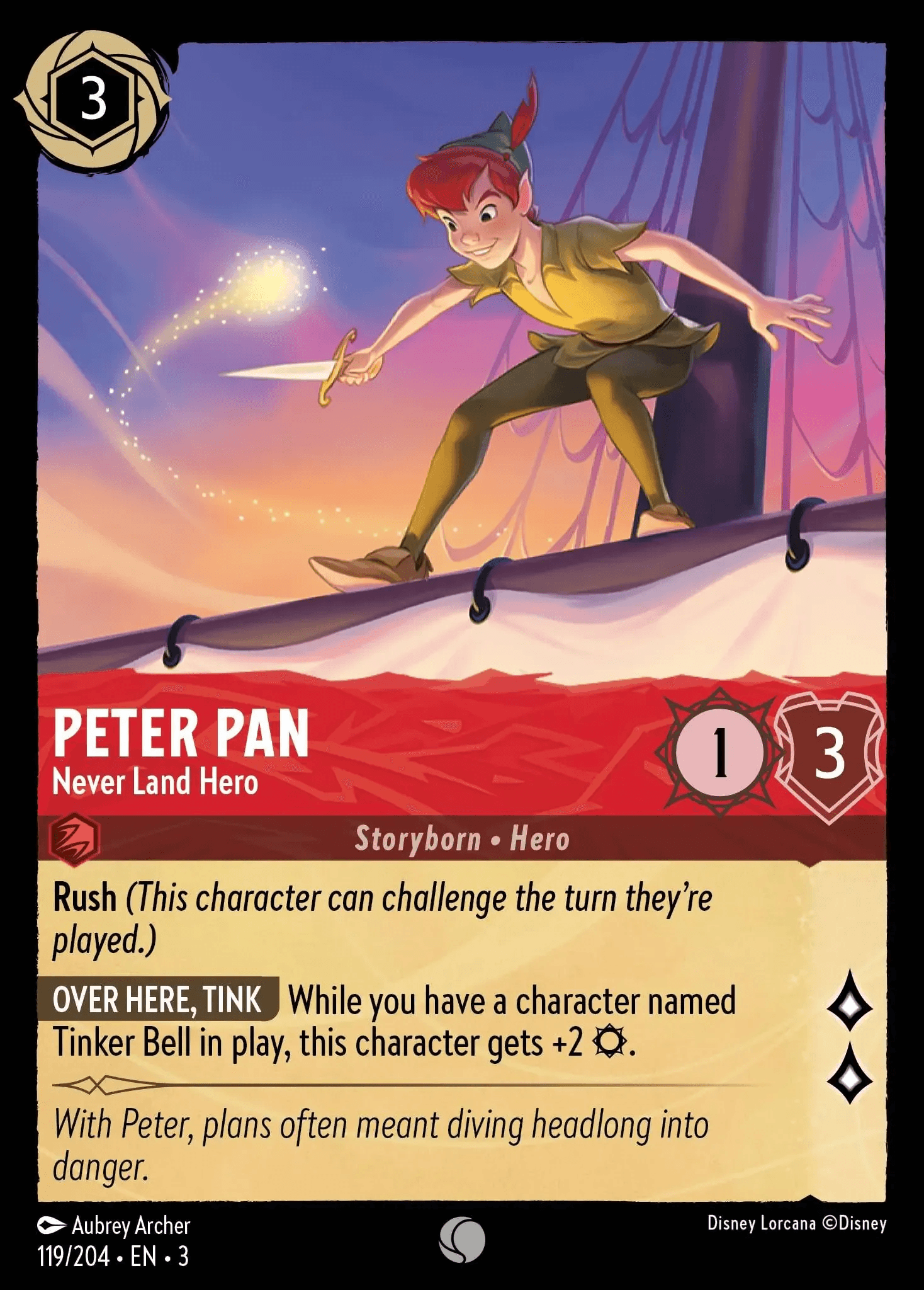 Peter Pan - Never Land Hero — Into the Inklands Disney Lorcana card by Aubrey Archer