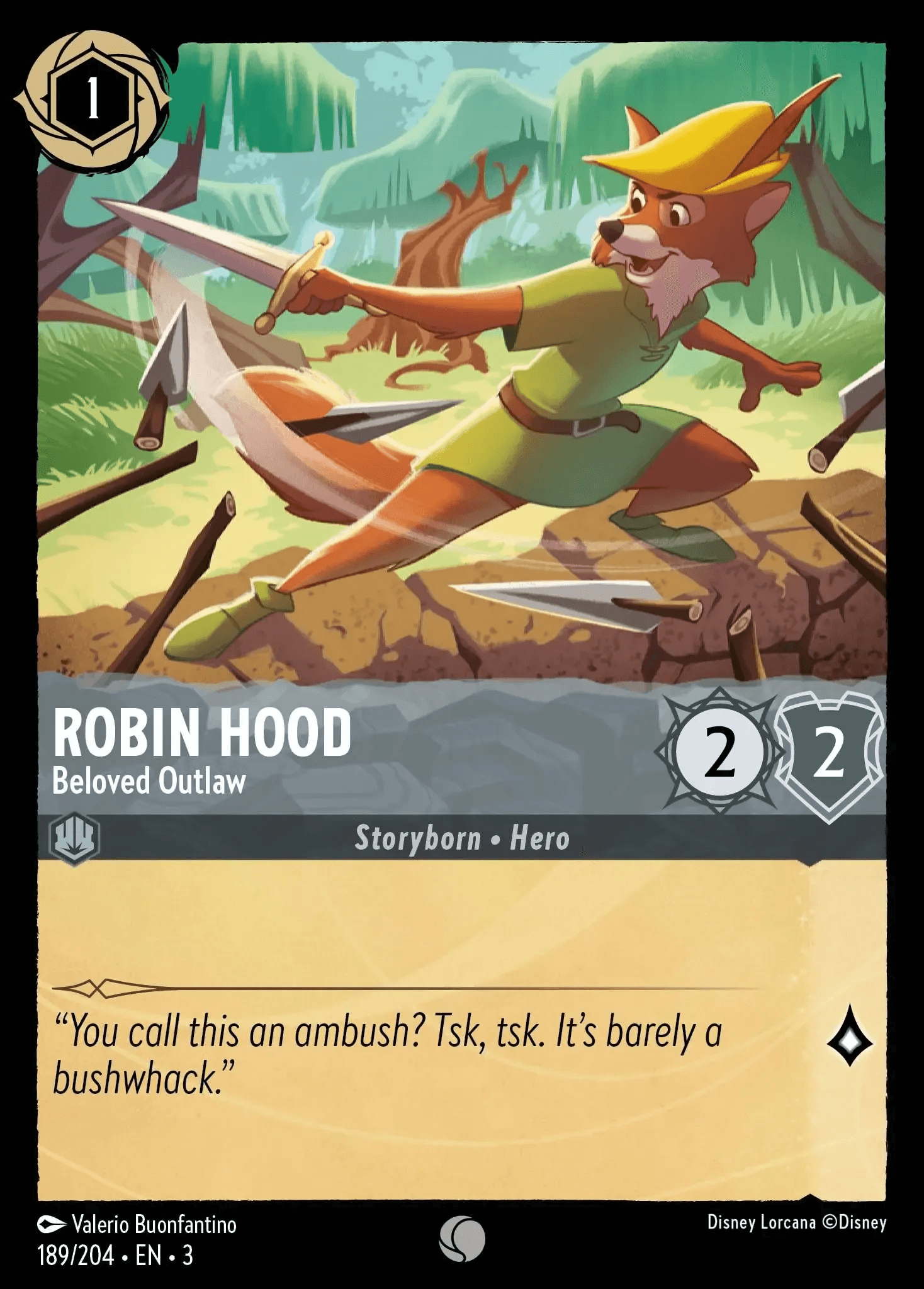 Robin Hood - Beloved Outlaw — Into the Inklands Disney Lorcana card by Valerio Buonfantino