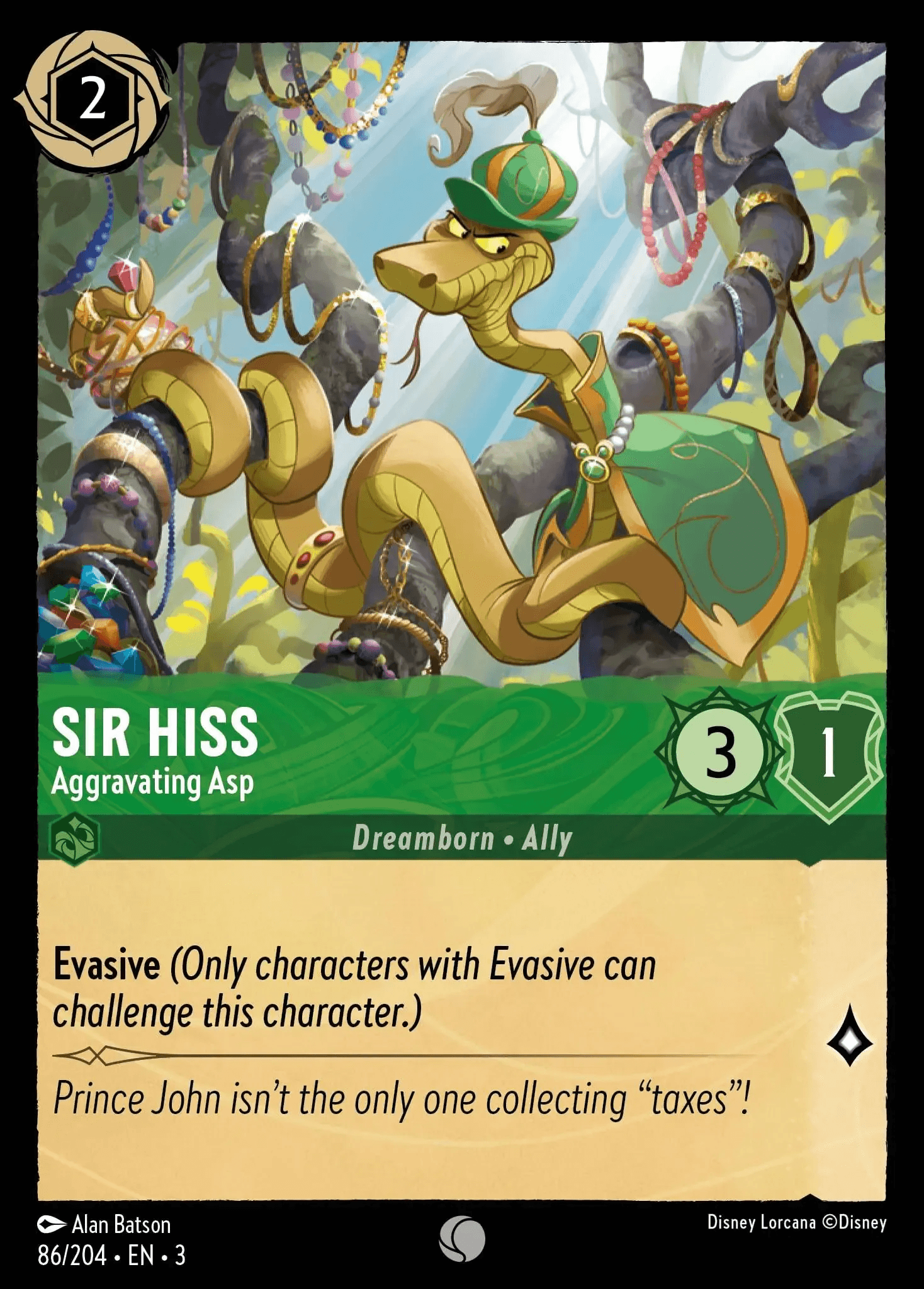 Sir Hiss - Aggravating Asp — Into the Inklands Disney Lorcana card by Alan Batson