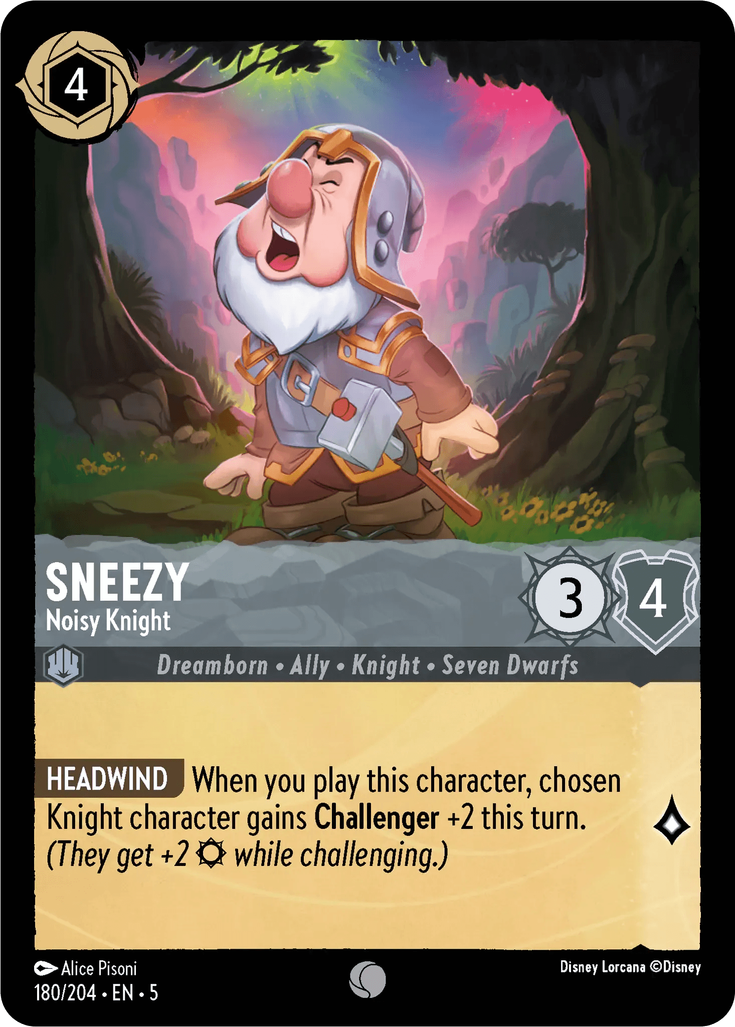 Sneezy - Noisy Knight — Shimmering Skies Disney Lorcana card by Alice Pisoni